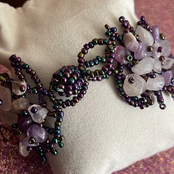 Genuine Amethyst and Borealis Seed Beaded Adjustable Cuff Bracelet - Picture 3 of 9